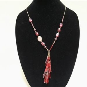 Beaded Fringe Pendant Long Rhinestone Necklace Fire Red and Brown beads Goldtone